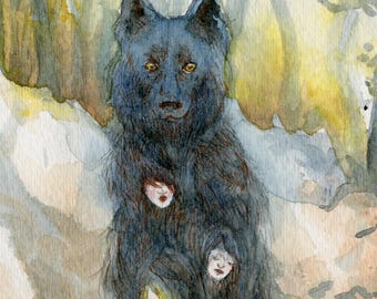 Ghost dog autumn fantasy art -  5x7 giclee bamboo print - The Hairy Dog