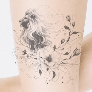 Lion & Flower Tattoo Design: Printable Template (Instant Download)