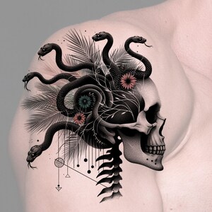 Skull Snake Flower Tattoo Design: Printable Template (Instant Download)