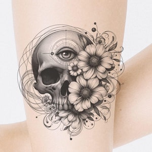 Skull & Flowers Tattoo Design: Printable Template (Instant Download)