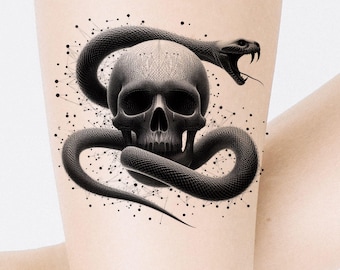 May include: A black and white tattoo design of a snake wrapped around a skull. The snake has a detailed, textured design and the skull has a menacing expression. The tattoo is surrounded by a pattern of small dots.