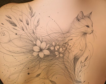 Diseño de tatuaje de gato floral: Tatuaje imprimible para mujer (PNG JPG)
