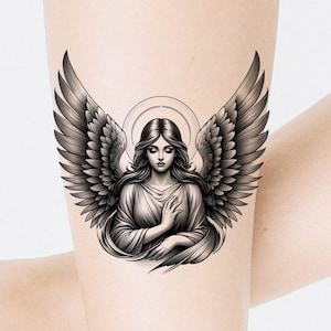Diseño de tatuaje de ángel: Plantilla imprimible (descarga instantánea, archivos PNG y JPG)