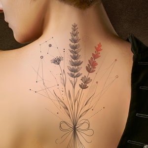 花のタトゥーデザイン：シダ、ラベンダー、花束（印刷可能なテンプレート）