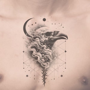 Raven Skull Tattoo Design: Geometric Crescent Moon (Digital Download)