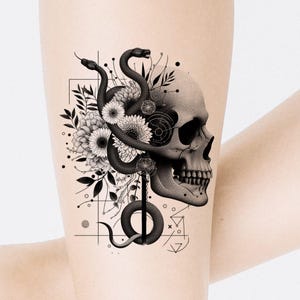 Skull & Snake Tattoo Design with Flowers: Printable Template (Instant Download)