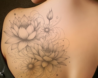 May include: A black and white tattoo design of a lotus flower with delicate floral details on a person's shoulder.