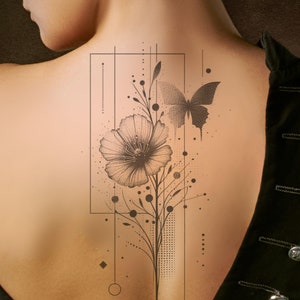 蝶と花のタトゥーデザイン：印刷可能なテンプレート（すぐにダウンロード可能）
