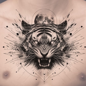 Tiger Tattoo Design: Geometric Chest Tattoo Template (Digital Download)