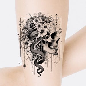 Skulls, Snakes & Rose Tattoo Design: Printable Template (Instant Download)