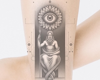 May include: A black and white tattoo design featuring a seated figure with a beard and a spear, surrounded by geometric shapes and a stylized eye within a flower.