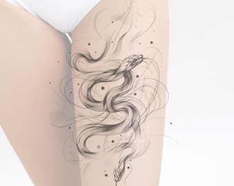 May include: A black and white line drawing of a snake with a swirling design on a person's leg.