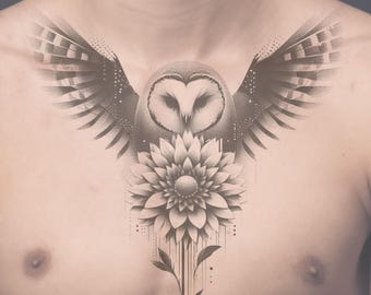 Owl & Flower Tattoo Design: Printable Template (Instant Download)