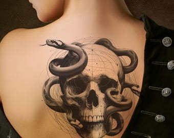 May include: A black and white tattoo design of a skull with a snake wrapped around it. The skull has a detailed design and the snake is curled around the skull's head.
