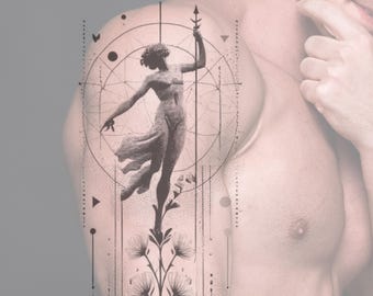 May include: A black and white tattoo design of a woman holding a spear, surrounded by geometric shapes and floral elements.