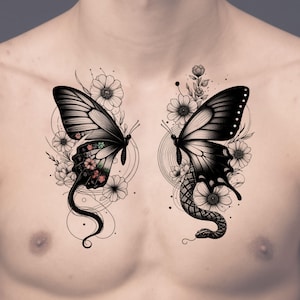 Butterfly & Flowers Tattoo Design: Printable Template (Instant Download)