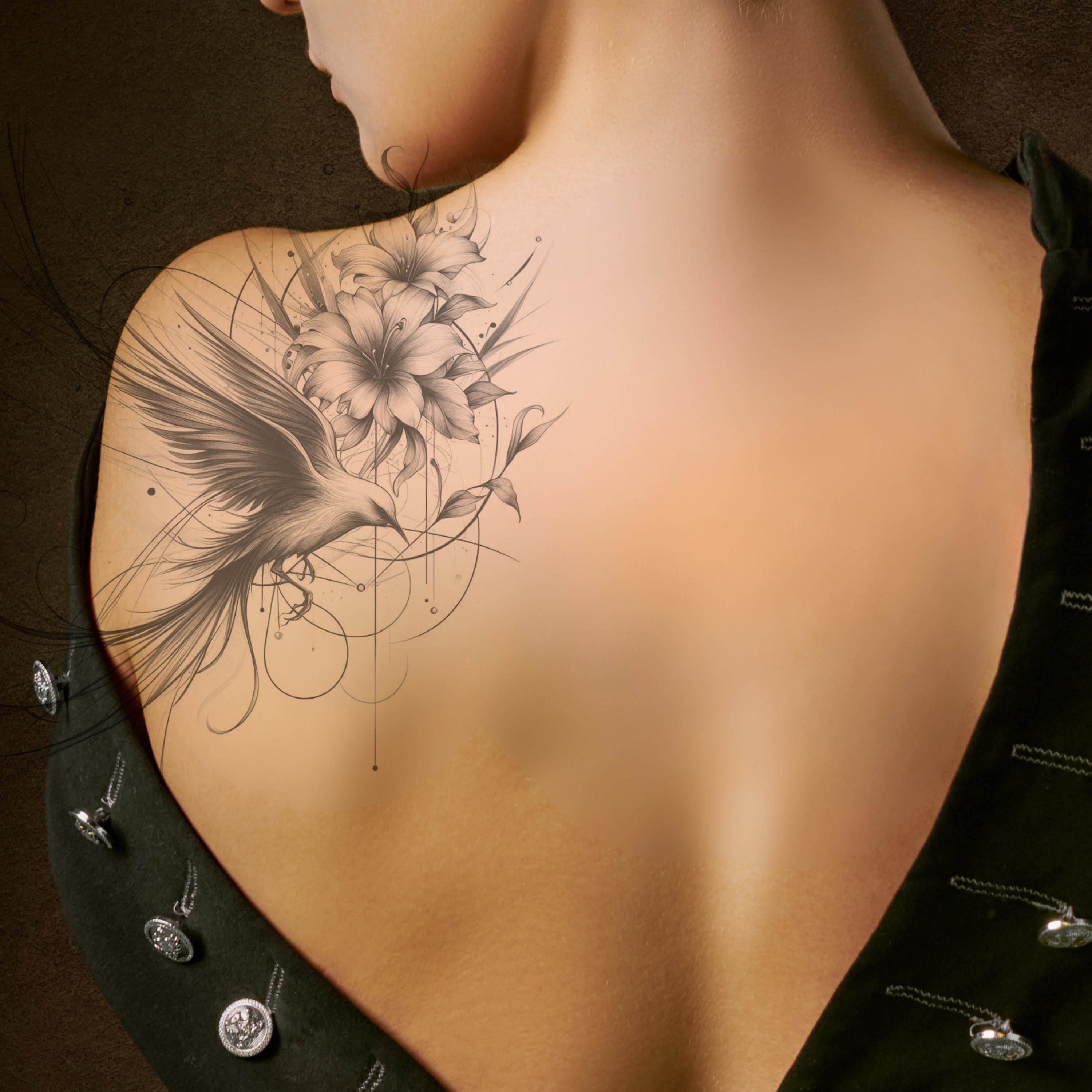 Diseño de tatuaje de pájaro y flores: Tatuaje imprimible (PNG, JPG)