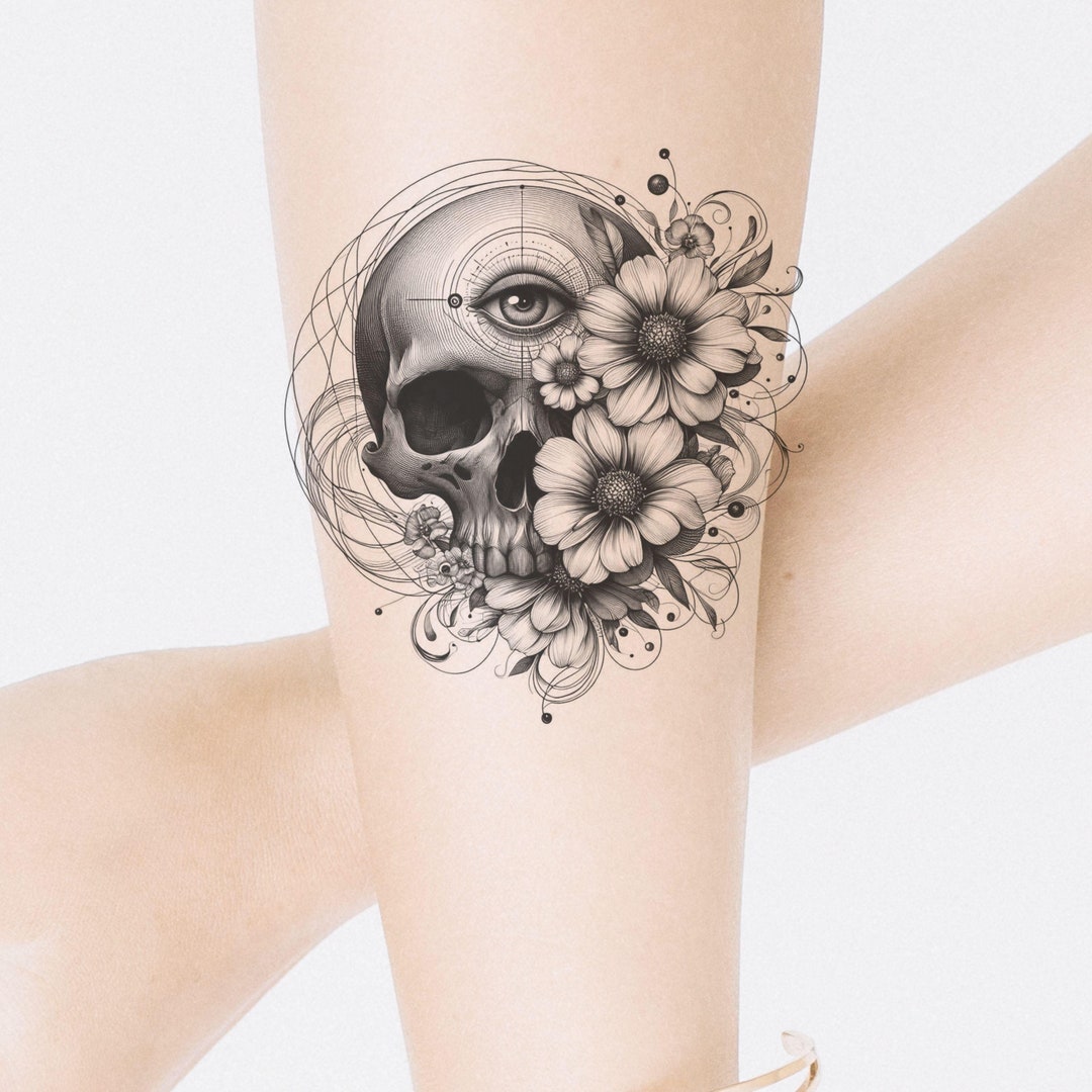 Skull & Flowers Tattoo Design: Printable Template (instant Download) - Etsy