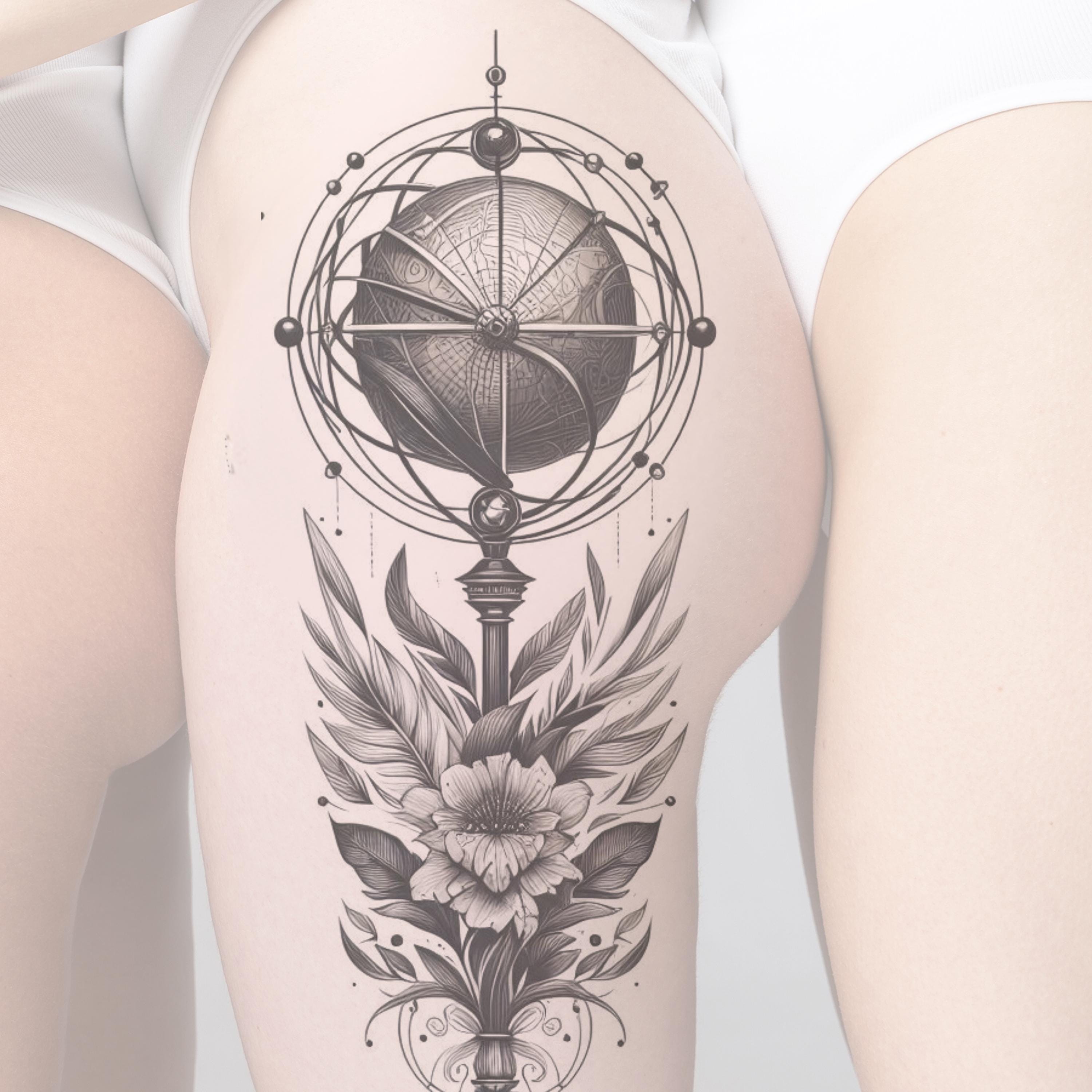 Floral Earth Tattoo Design: Printable Stencil (PNG, JPG) - Etsy, image size:3000x3000