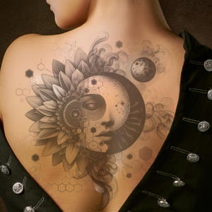 May include: A black and white tattoo design of a crescent moon with a face, a sunflower, and geometric patterns.