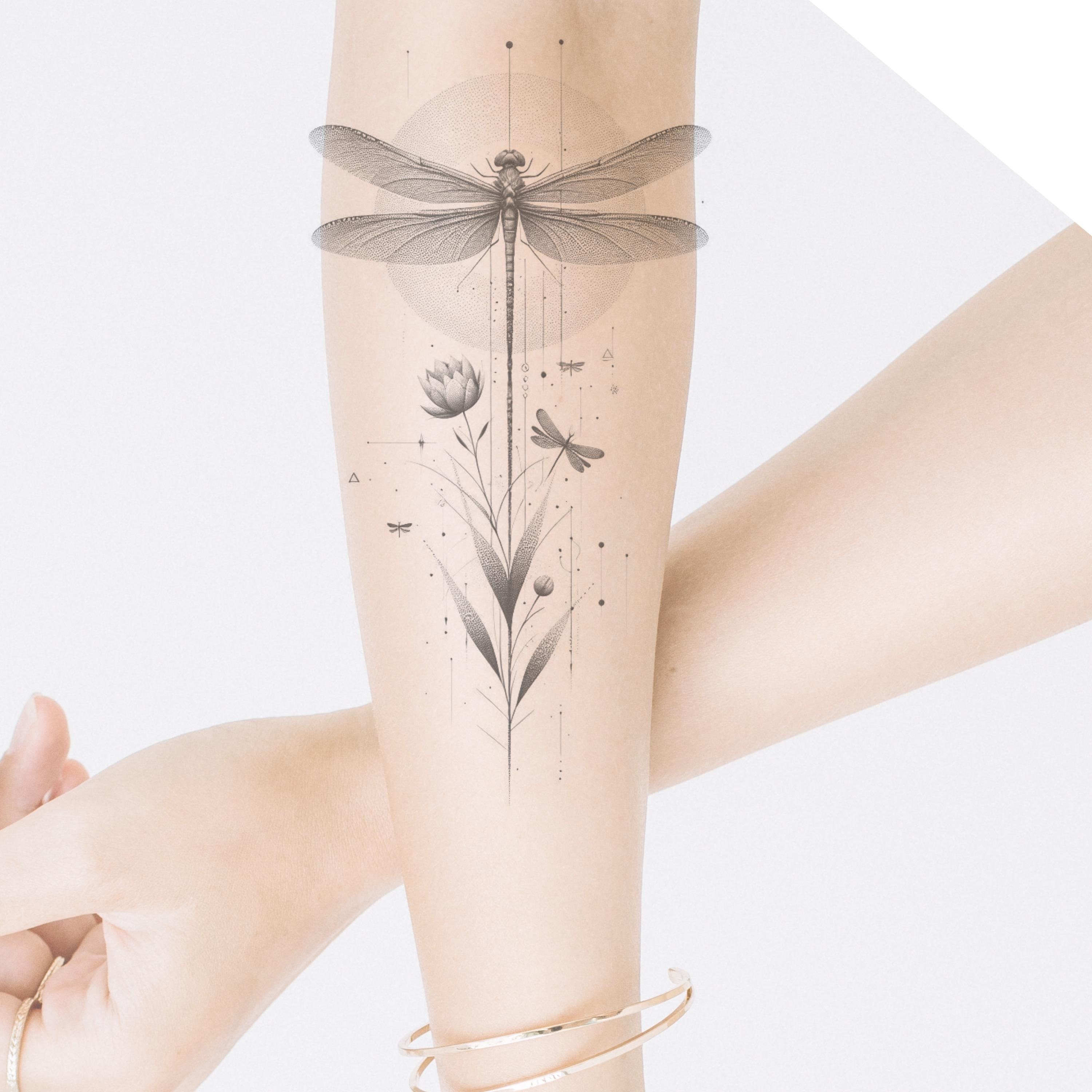 Arm Dragonfly and Flower Tattoo Ideas