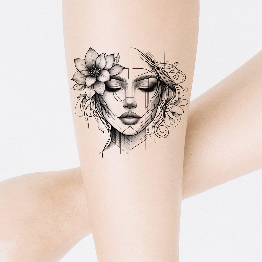Rose Tattoo Design: Woman Face Flowers Printable Template (instant ...