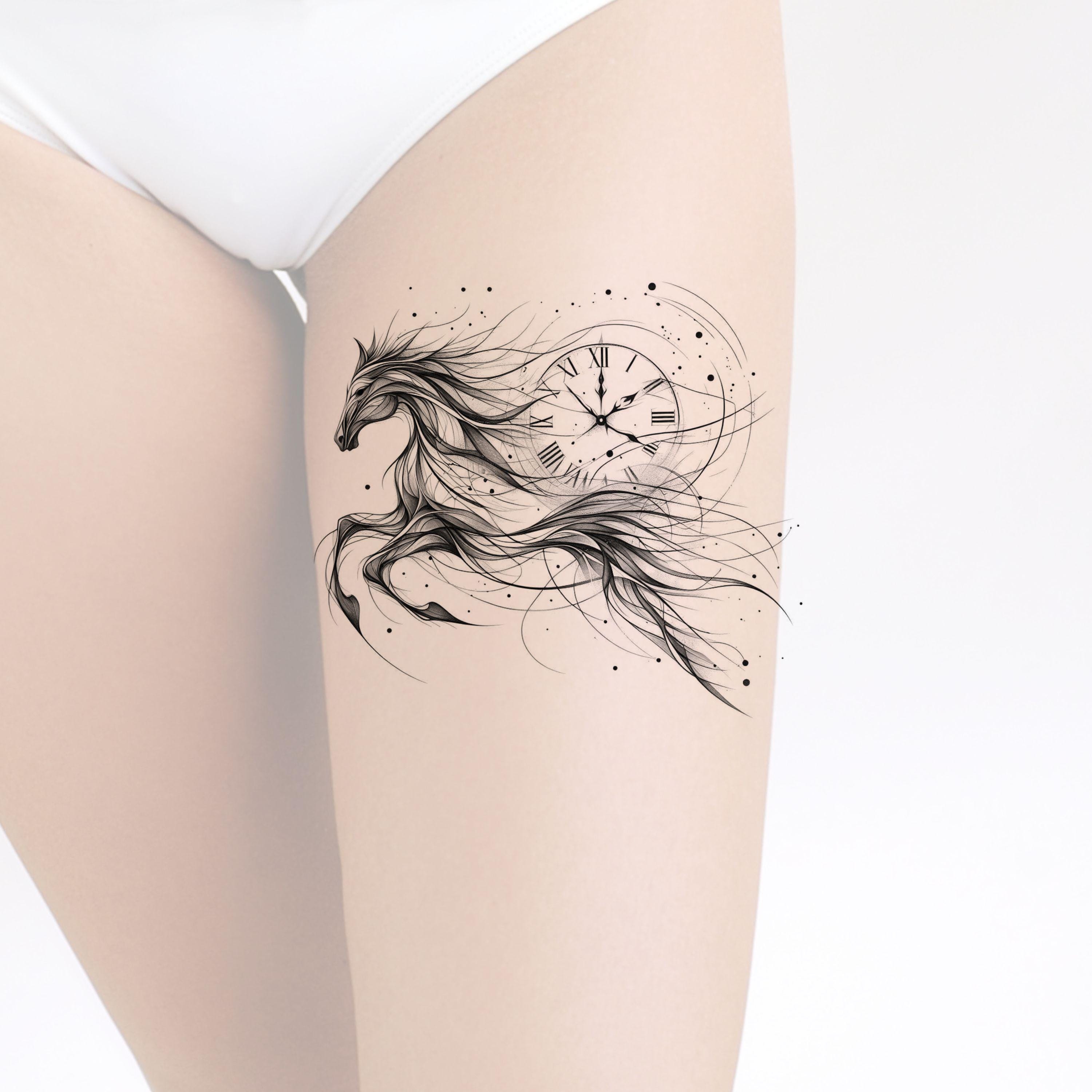 馬と時計のタトゥーデザイン：印刷可能なテンプレート（即時