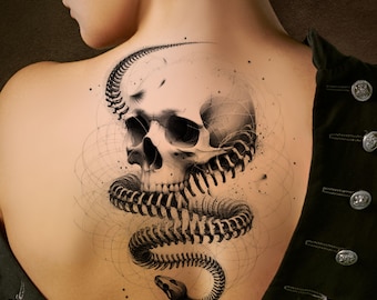 May include: A black and white tattoo design of a skull with a snake wrapped around it. The snake's skeleton is visible and the skull has a detailed design.