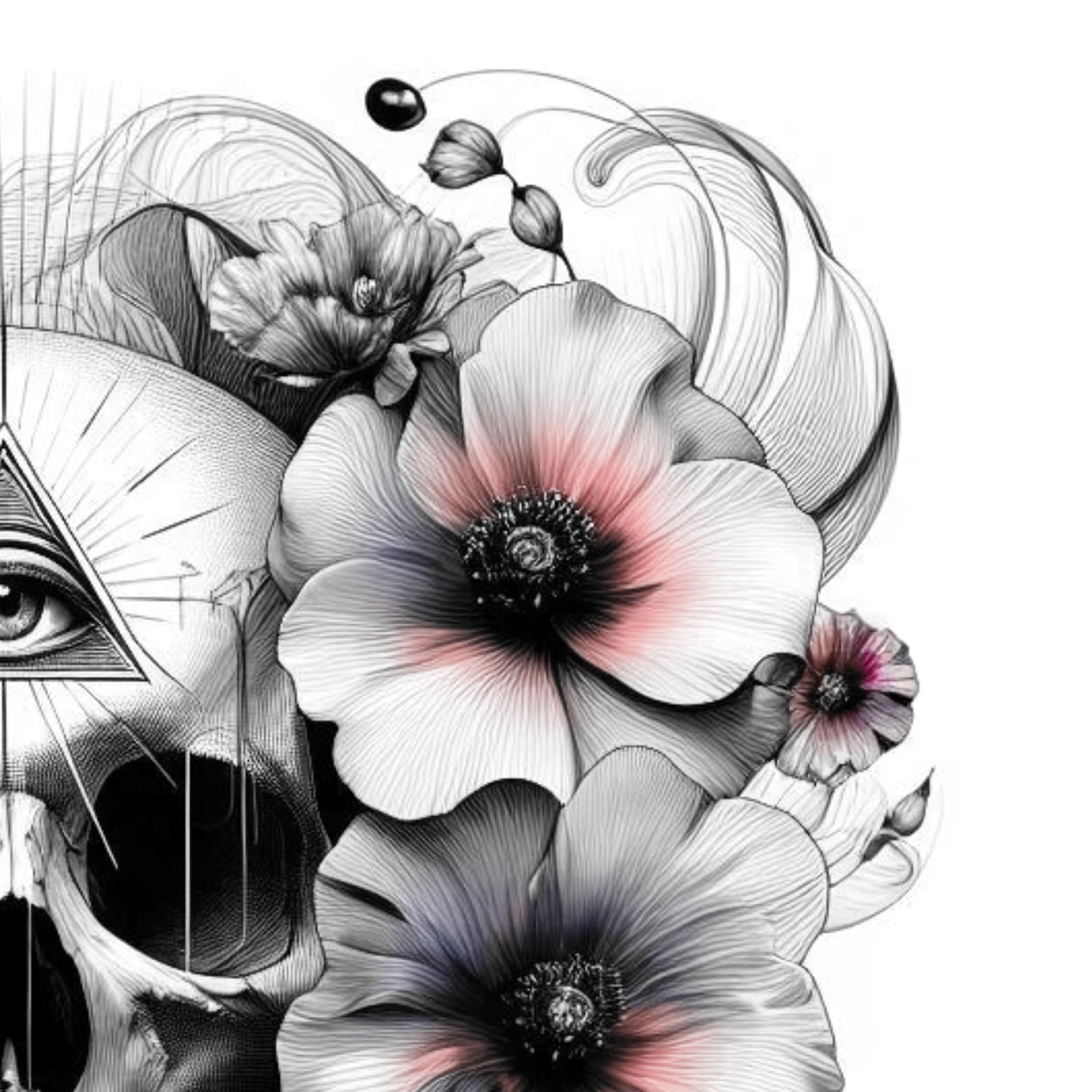 スカル＆フラワーのタトゥーデザイン：印刷可能なタトゥー（デジタル