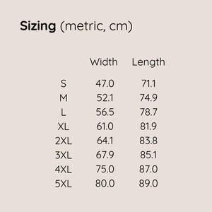 May include: Sizing chart for clothing in metric units (centimeters). The chart shows the width and length measurements for sizes S through 5XL.