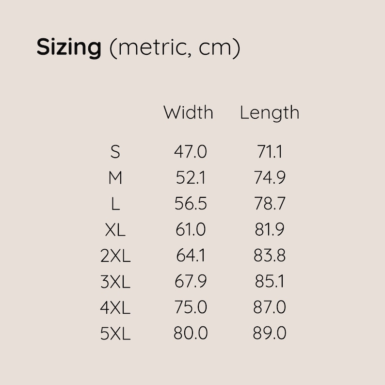 May include: Sizing chart for clothing in metric units (centimeters). The chart shows the width and length measurements for sizes S through 5XL.