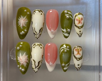 Green and Pink Floral Spring Press On Nails | Nail Set With Flower Design | Pink & Green Nail Art | Adorable Handmade |Birthday day gift|
