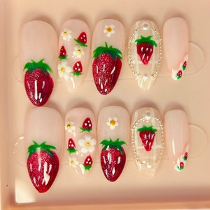 Adorable Pink Press On Nails | Nail Set With Strawberry Design | Cute Strawberry Nail Art | Adorable Handmade |mothers day gift|