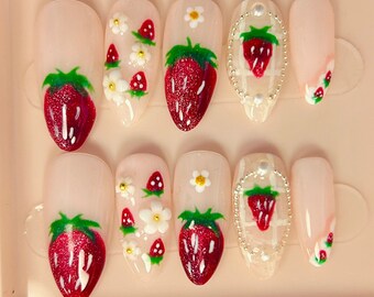 Adorable Pink Press On Nails | Nail Set With Strawberry Design | Cute Strawberry Nail Art | Adorable Handmade |mothers day gift|
