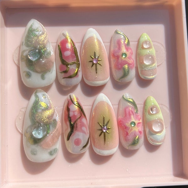 Presse printanière de fleurs mignonnes sur les ongles | Set d'ongles avec motif floral 3D | Nail Art rose et vert | Adorable cadeau fait main | cadeau fête des mères |