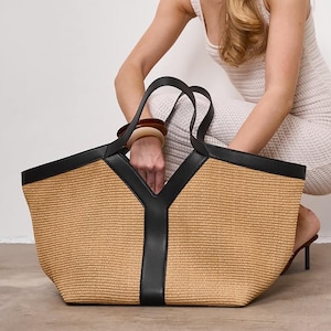 Raffia gewebte Einkaufstasche, Baumwollsegeltuch-Einkaufstasche, große Schultertaschen, Frauen-Einkaufstasche