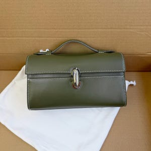 Clutch Bag, Women's Leather Top Handle Bag, Small Leather Tote Bag Green+Silver