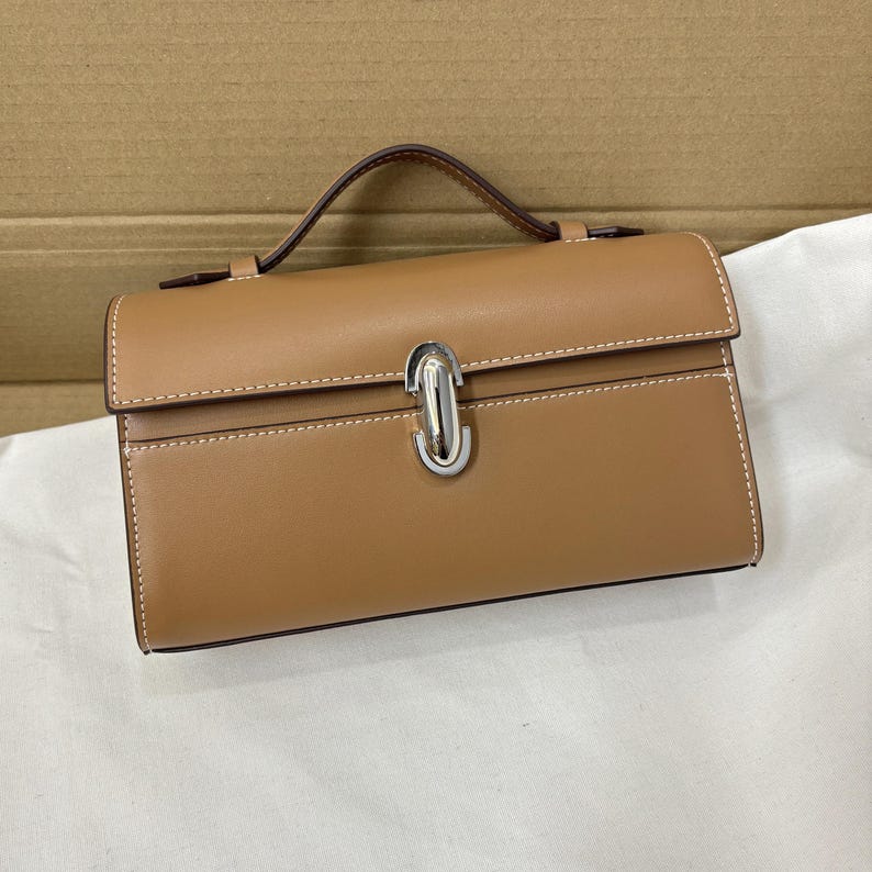 Clutch Bag, Women's Leather Top Handle Bag, Small Leather Tote Bag Tan Smooth+Silver