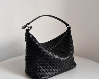 Bolsos de mano de cuero tejido, bolso de hombro tejido a mano de piel de cordero, bolso de cuero tejido con asa superior