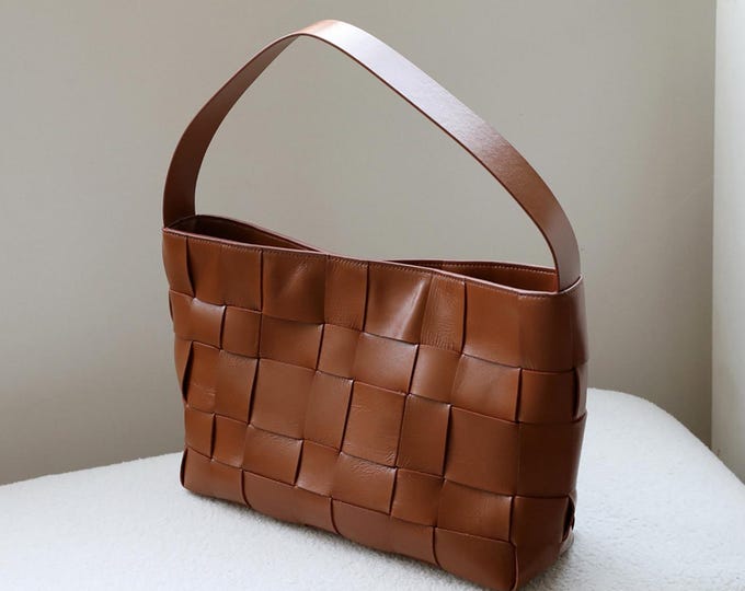 Leather Woven Tote Bags, Cow Leather Weaved Top Handle Bag, Women's leather Shoulder Bag