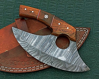 6" Damascus Steel Ulu with Full Tang Blade and Rosewood Handle- Comes with Personalizable Leather Cover
