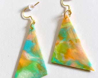 Asymmetrical Triangle Earrings – Upcycled Plastic with Resin Coating, Lightweight Statement Jewelry