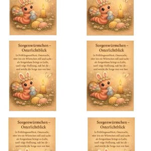 Puede incluir: Ilustración de un simpático gusano con orejas de conejo sosteniendo un huevo de Pascua, rodeado de huevos y una vela encendida. La imagen tiene texto en alemán y una paleta de colores cálidos, evocando la primavera.
