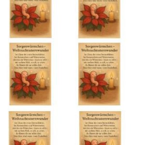 Könnte beinhalten: Sechs rechteckige Karten im Vintage-Stil. Jede Karte zeigt einen Weihnachtsstern, einen Wurm, eine brennende Kerze und deutschen Text. Der Weihnachtsstern ist rot mit grünen Blättern. Der Wurm ist hellbraun. Die Kerze ist gelb.