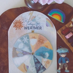 May include: A white paper wheel with a colorful weather wheel inside. The wheel has different weather icons, including sun, rain, clouds, and lightning. The wheel is labeled "Today's Weather".