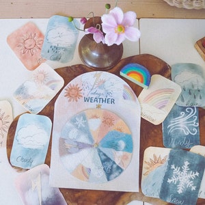 May include: A wooden weather wheel with a colorful rainbow, sun, clouds, and snowflake design. The wheel is surrounded by cards with different weather icons, including a sun, rain, wind, and snow. The text on the wheel reads "Today's Weather".