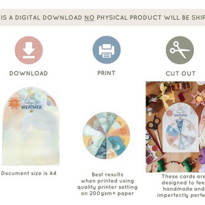 May include: A printable weather wheel with a watercolor design. The wheel features a sun, clouds, rain, lightning, snow, and a rainbow. The wheel is designed to be cut out and used as a fun way to track the weather.