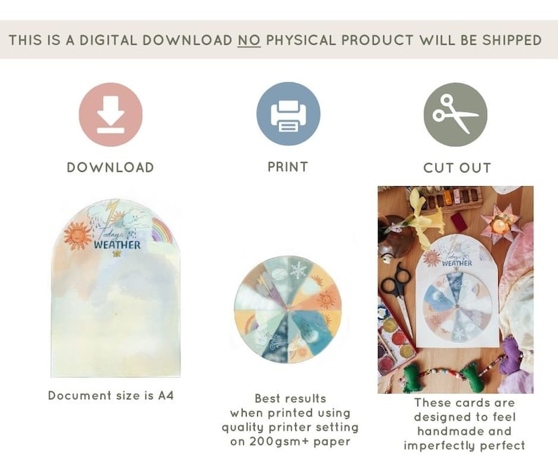 May include: A printable weather wheel with a watercolor design. The wheel features a sun, clouds, rain, lightning, snow, and a rainbow. The wheel is designed to be cut out and used as a fun way to track the weather.