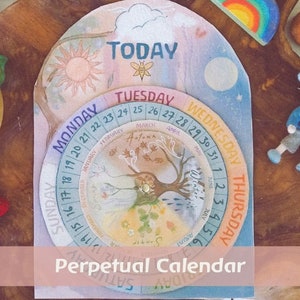 Op de afbeelding: Een kleurrijke eeuwigdurende kalender met een houten boom in het midden en een draaiend wiel met de dagen van de week en de nummers 1 tot en met 31. De kalender is omgeven door een lichtblauwe rand met het woord "TODAY" in het midden.
