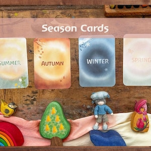May include: Four season cards labeled Summer, Autumn, Winter, and Spring. The cards are displayed with wooden toys including a bird, a tree, a rainbow, and a doll. The text "Season Cards" is above the cards.